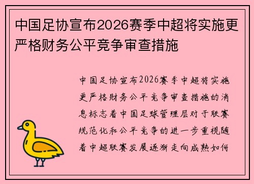 中国足协宣布2026赛季中超将实施更严格财务公平竞争审查措施
