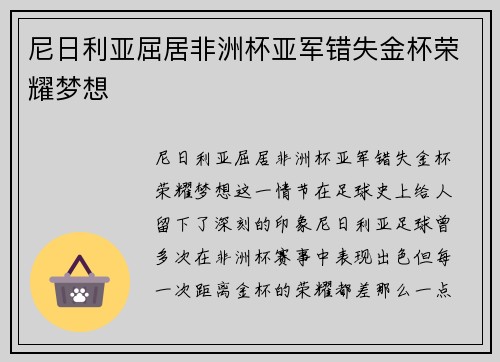 尼日利亚屈居非洲杯亚军错失金杯荣耀梦想